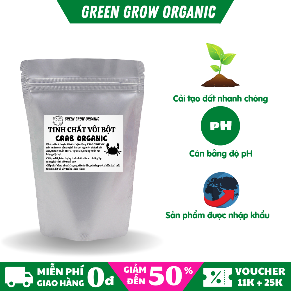Tinh vôi bột nông nghiệp nhập khẩu 500gr Green Grow Organic phân bón canxi chiết xuất từ vỏ cua biển Crab Organic chuyên dùng phục hồi đất, kích thích vi sinh vật phát triển, cân bằng pH đất MS135
