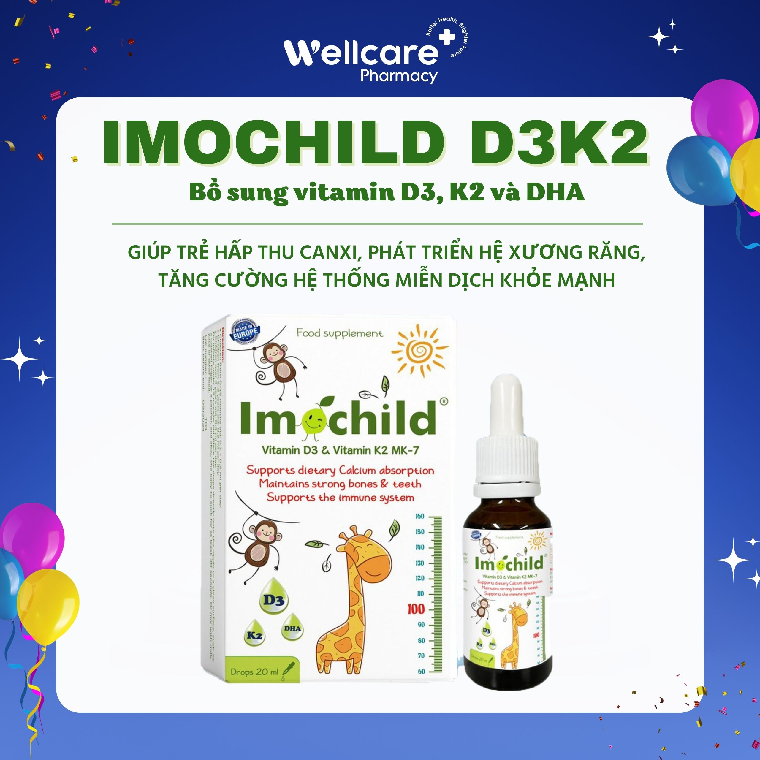 Imochild D3K2 – Chai 20ml bổ sung vitamin D3, K2 và DHA phát triển hệ xương răng, não bộ cho trẻ em