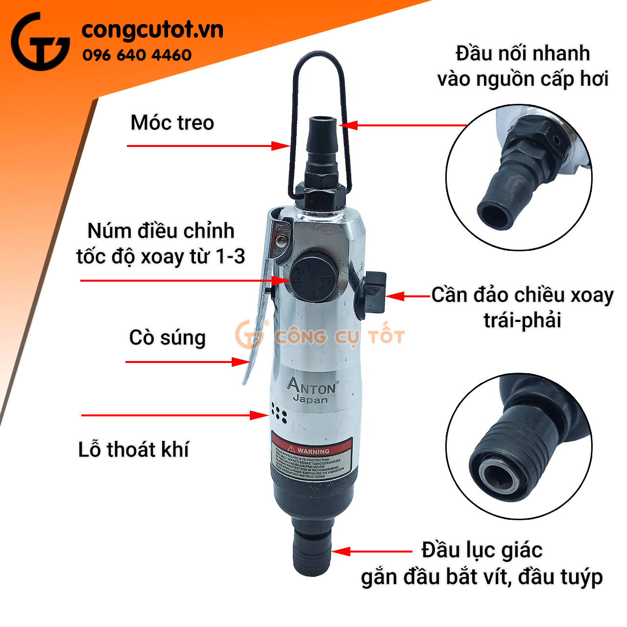 Máy bắn vít dùng hơi 2 đầu đảo chiều ANTON Janpan 3 số cốt 6mm