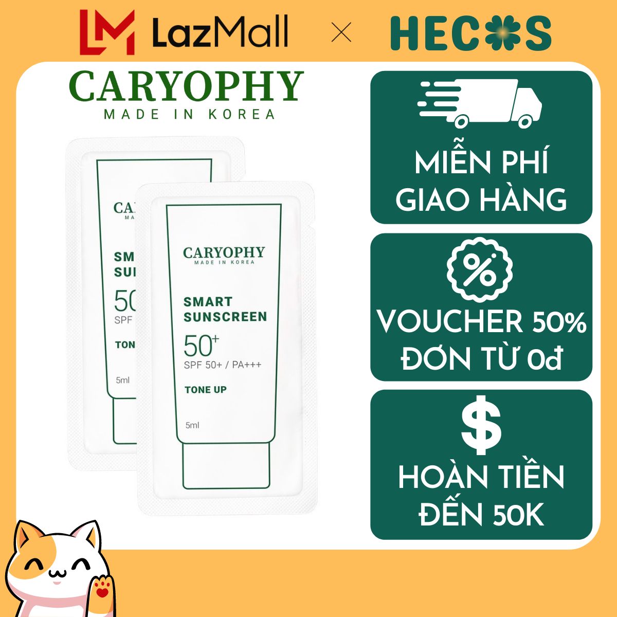 [HÀNG TẶNG KHÔNG BÁN] Kem chống nắng nâng tone Caryophy 5ml chỉ số SPF 50+/PA+++ bảo vệ khỏi tia UV, chống thấm nước, kết cấu mỏng nhẹ, hỗ trợ ngăn ngừa mụn - HECOS
