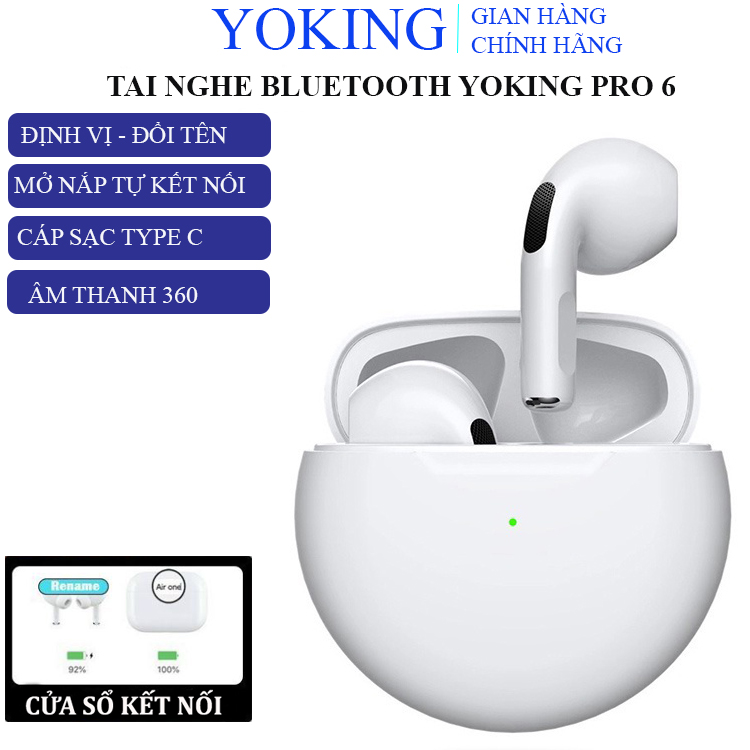 Tai nghe bluetooth Yoking Pro 6, tai phone không dây nhét tai chống ồn thể thao nghe gọi HD với chức năng điều khiển cảm ứng phiên bản màu trắng