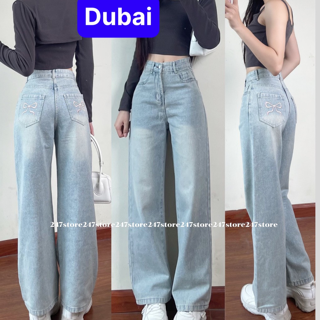 QUẦN JEAN NỮ BAGGY ỐNG SUÔNG RỘNG THÊU NƠ HỒNG LƯNG CAO NÂNG MÔNG HOT TREND 2024 -DUBAI FASHION