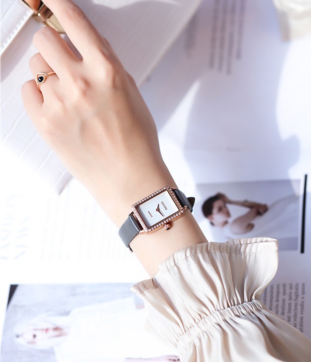 Đồng hồ nữ Guou 66635 hàng chính hãng dây da mặt chữ nhật viền đính hạt cao cấp