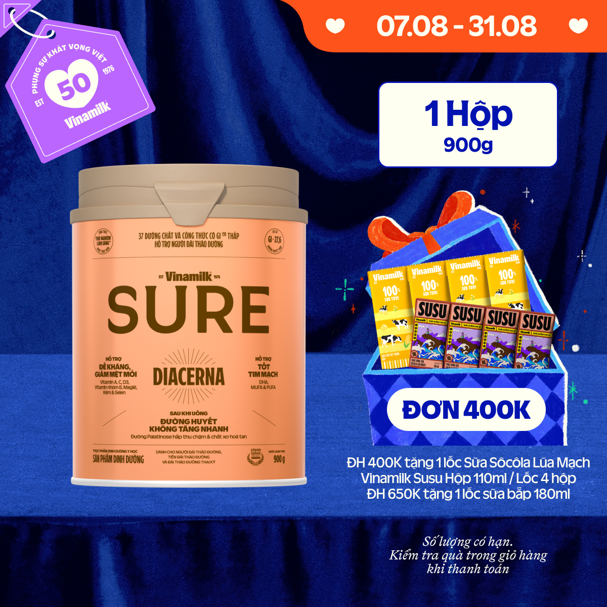 Sữa bột Dành cho người tiểu đường Vinamilk Sure Diecerna 900g