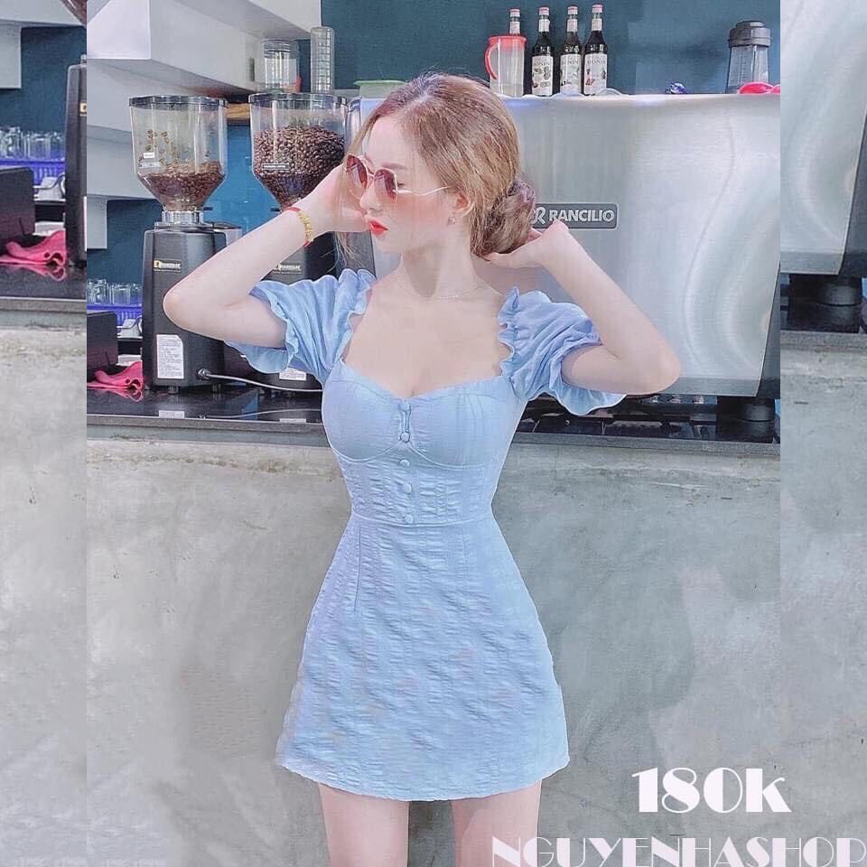 Đầm Hở Lưng Tay Phồng Đính Nút (Có Mút) Belle Fashion