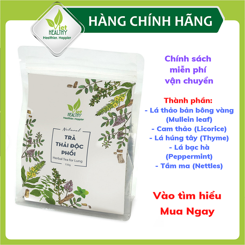 Trà thải độc phổi Viet Healthy 150g, thành phần gồm: Lá thảo bản bông vàng (Mullein leaf), Cam thảo (Licorice),  Lá húng tây (Thyme),  Lá bạc hà (Peppermint),  Tầm ma (Nettles), bảo vệ, thanh lọc, cải thiện chức năng phổi- Viethealthy