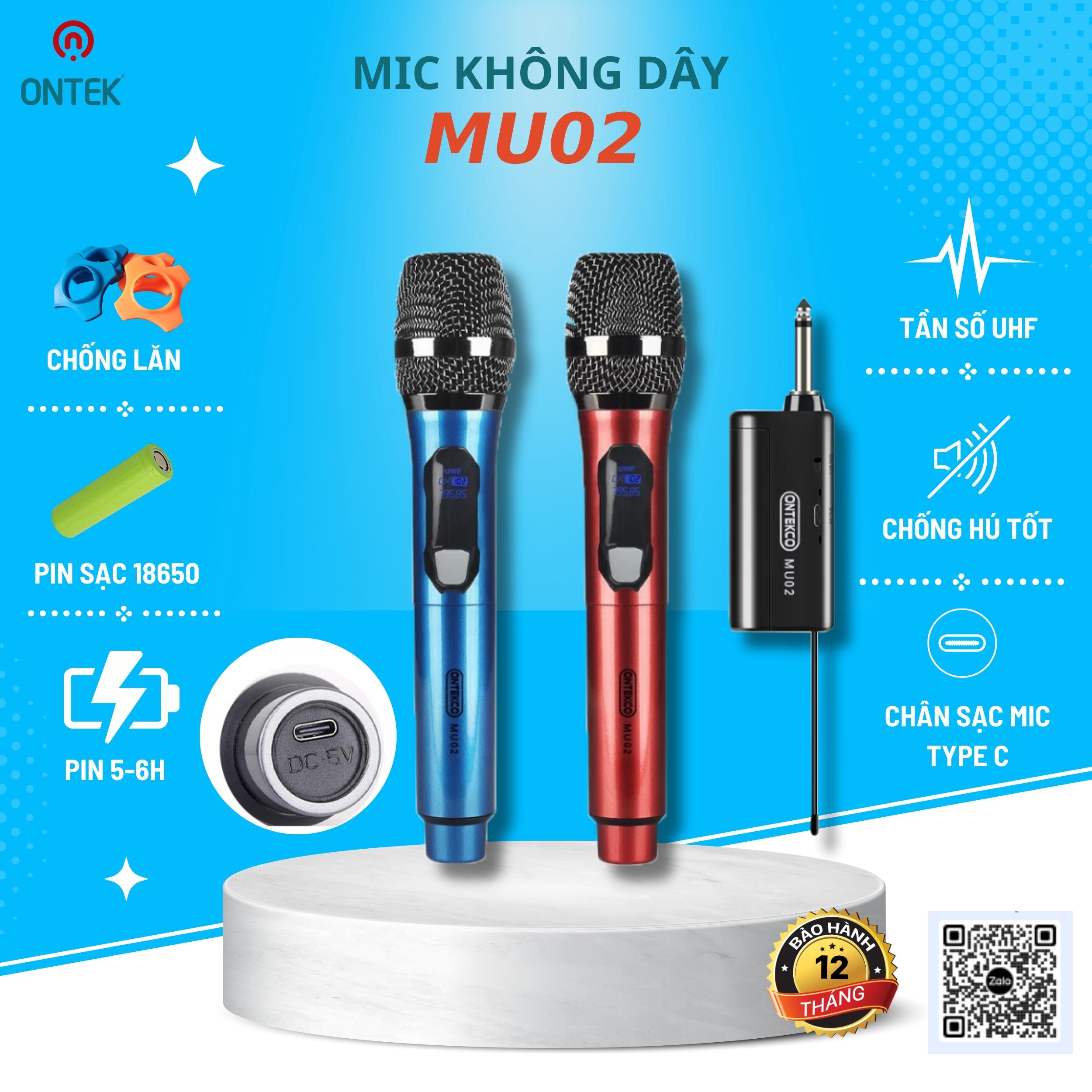 Bộ 2 Micro ONTEKCO MU02 Karaoke Không Dây Siêu Sang, Chuyên Dùng Cho Amply