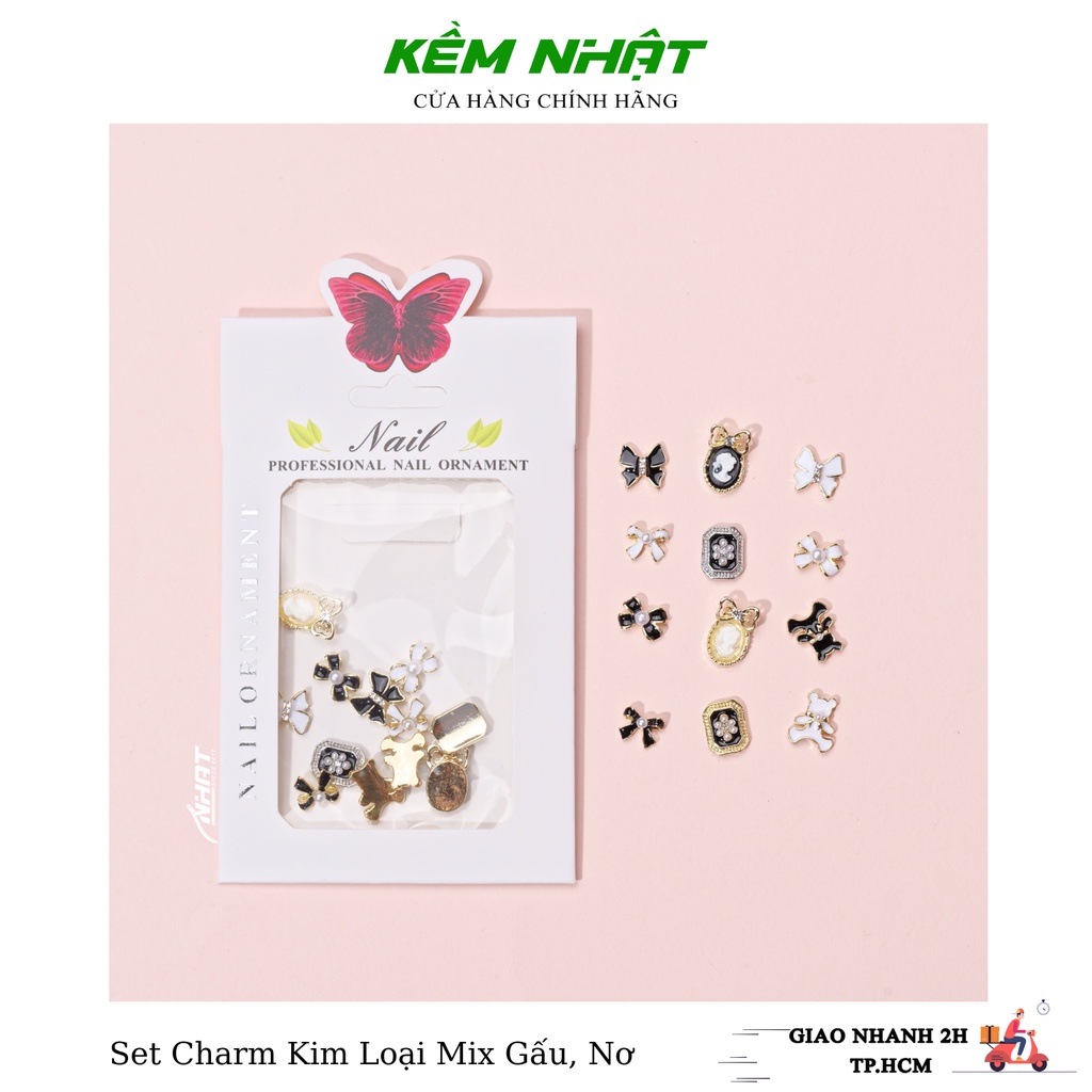 Set charm kim loại mix gấu, nơ đính móng