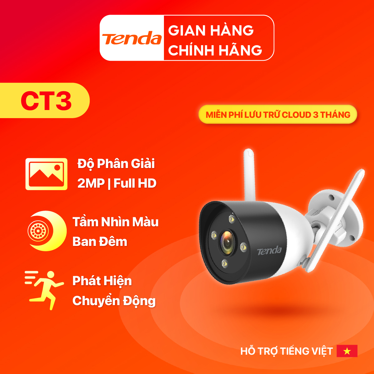Camera Wifi Ngoài Trời Tenda CT3/CT6 Độ Phân Giải 1080P/2MP/3MP/2K, đàm thoại 2 chiều, ban đêm có màu, hỗ trợ thẻ nhớ lên đến 128GB - Hãng phân phối chính thức