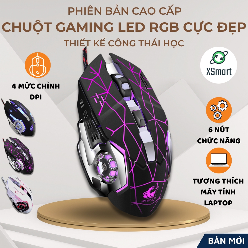 Chuột máy tính pc gaming free wolf v5 led 7 màu cực đẹp chuyên game dây siêu bền dành cho gamer chuyên nghiệp chỉnh được dpi chơi liên minh pubg đột kích fifa cực đã - xsmart