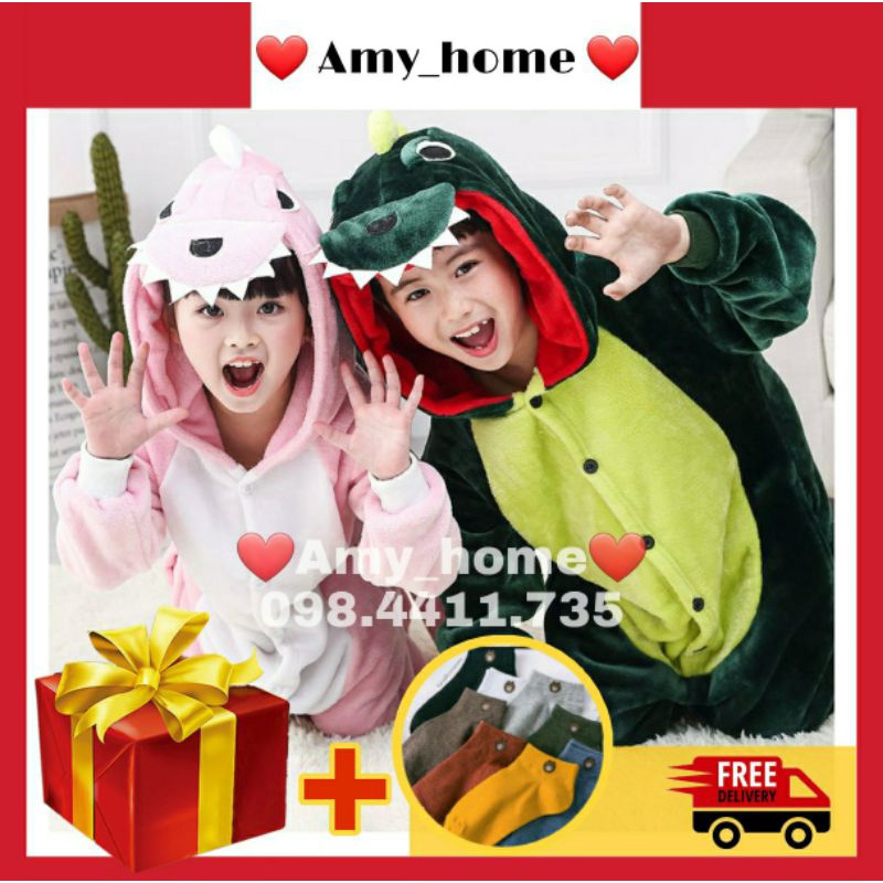 Bộ Đồ Thú Khủng Long Xanh Đồ Ngủ Khủng Long Cá Sấu Cho Trẻ Em Chất Lông Ấm Áp