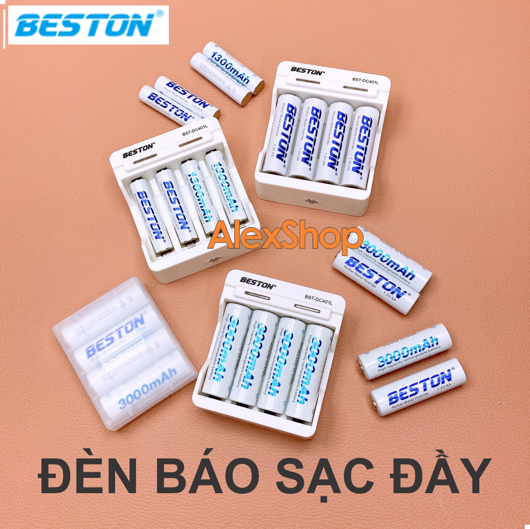 [DC401L] Bộ 4 Pin Sạc BESTON AA/AAA 3300/3000/1200/1300mAh Pin Sạc Hoặc Kèm Sạc 401L Tự Ngắt Có Đèn Chuyển Báo Sạc