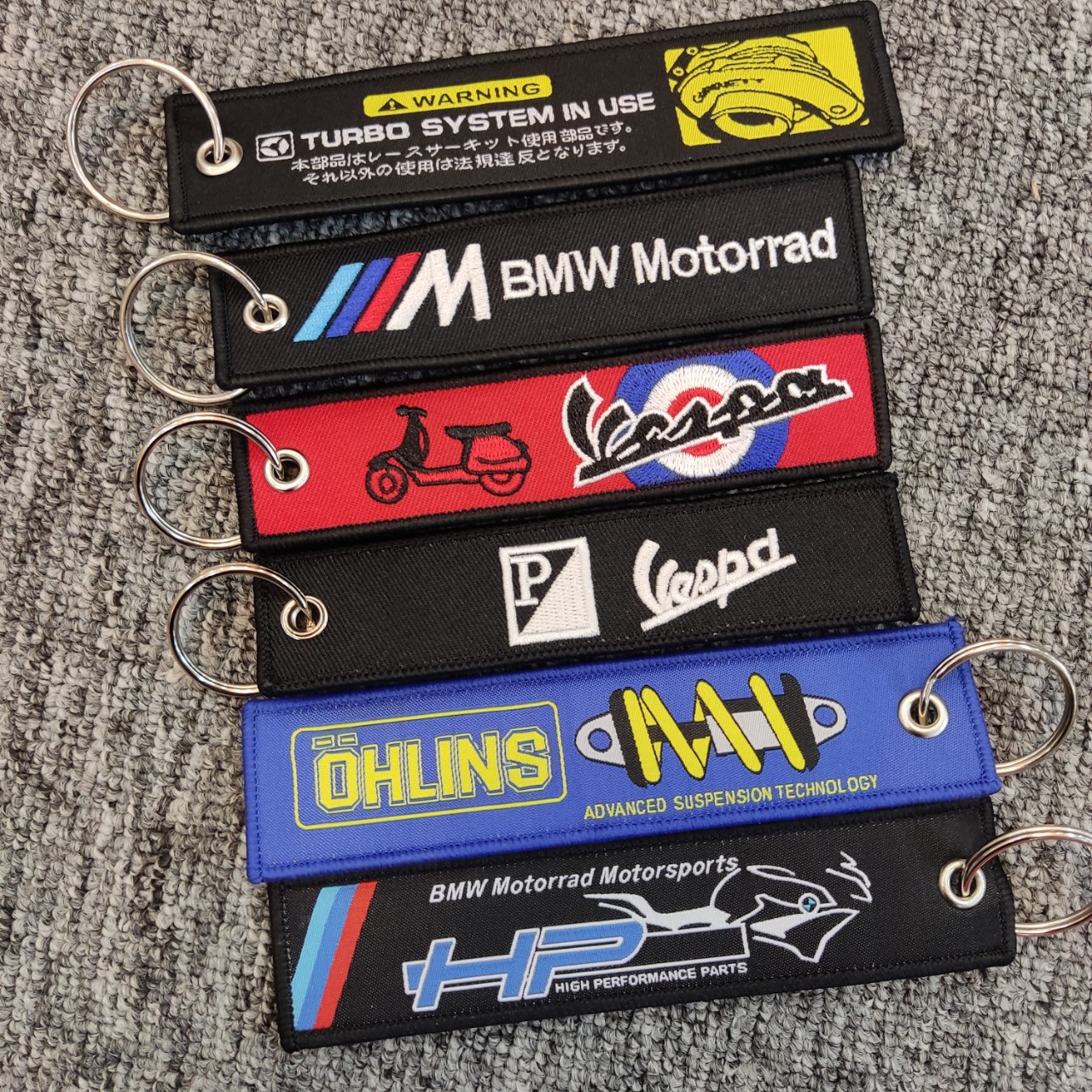 Móc chìa khóa vải 13x3cm hình thêu chữ BMW Vespa Ohlins