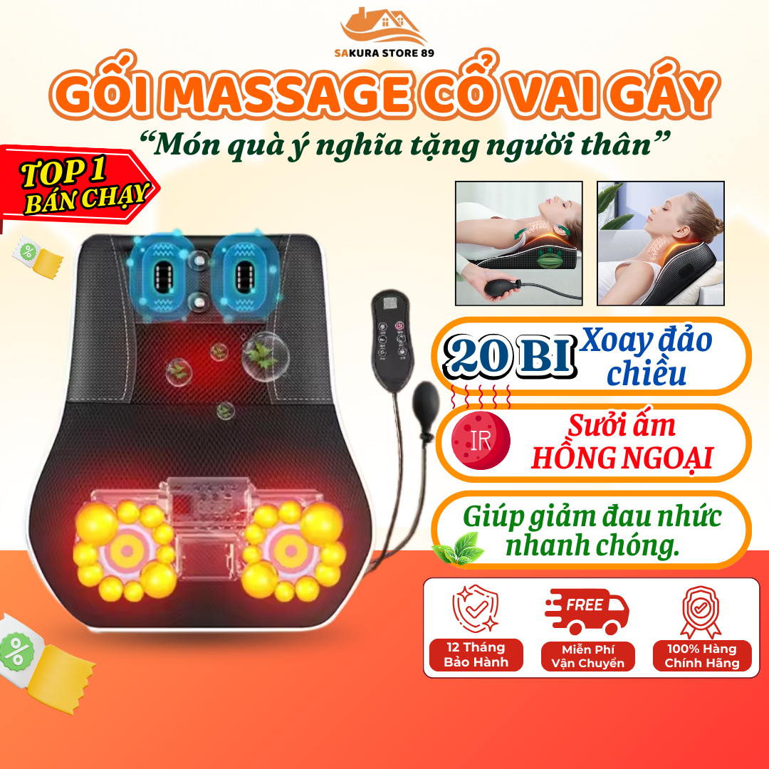 Gối Massage Cổ Vai Gáy Thông Minh 20 Bi Chuyên Giảm Đau Lưng Đau Cổ Căng Cơ Hỗ Trợ Thư Giãn