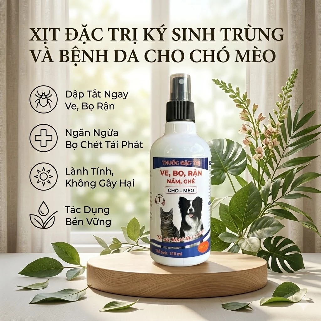 Chai Xịt Ve, Bọ Chét, Nấm, Ghẻ Cho Chó Mèo 310ML - Giảm Ngứa Ngáy, Khử Mùi, Bảo Vệ Da Lông Hiệu Quả