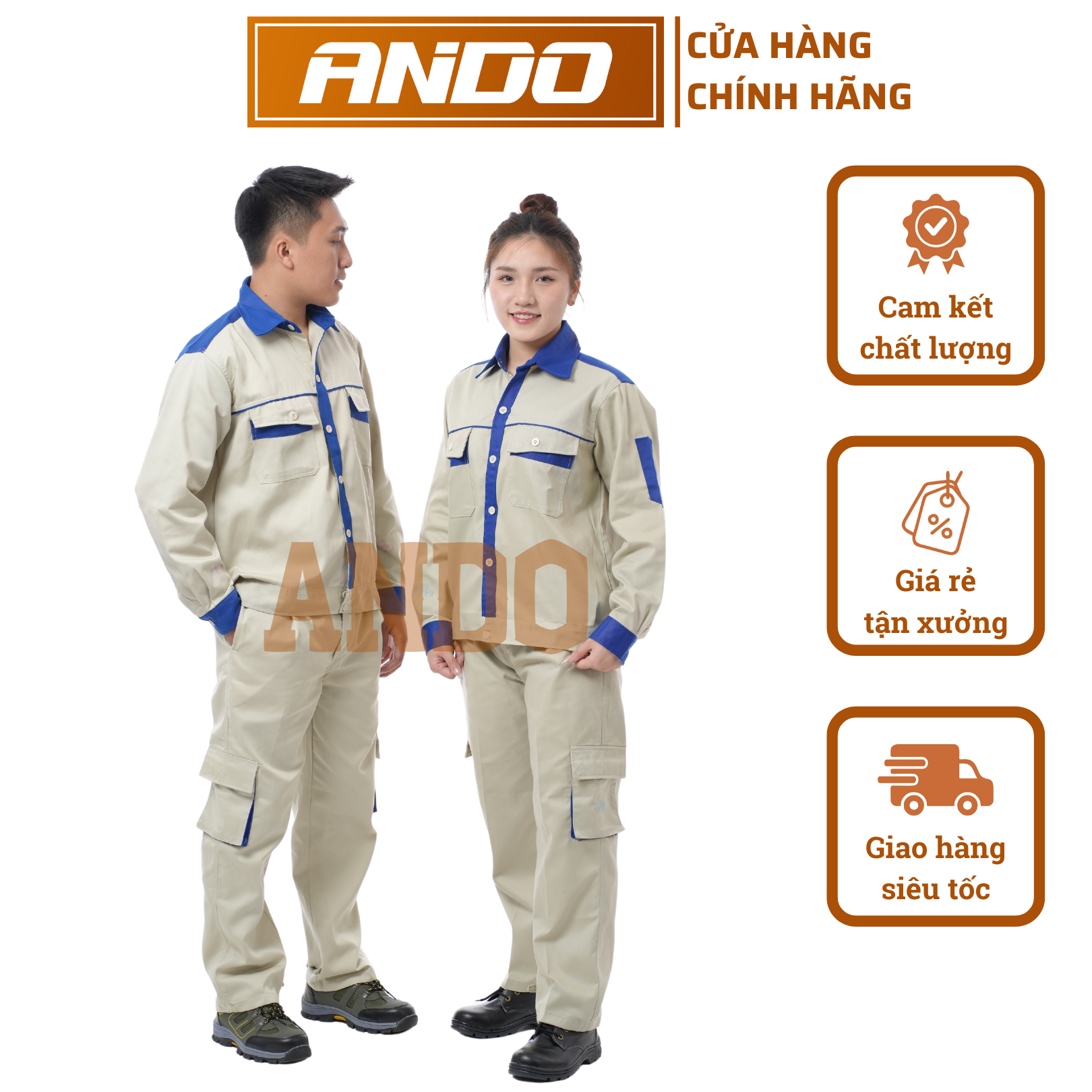 Quần áo bảo hộ lao động Ando mẫu AD05, màu ghi kẻ xanh, vải kaki 3.1 dày dặn, may kỹ