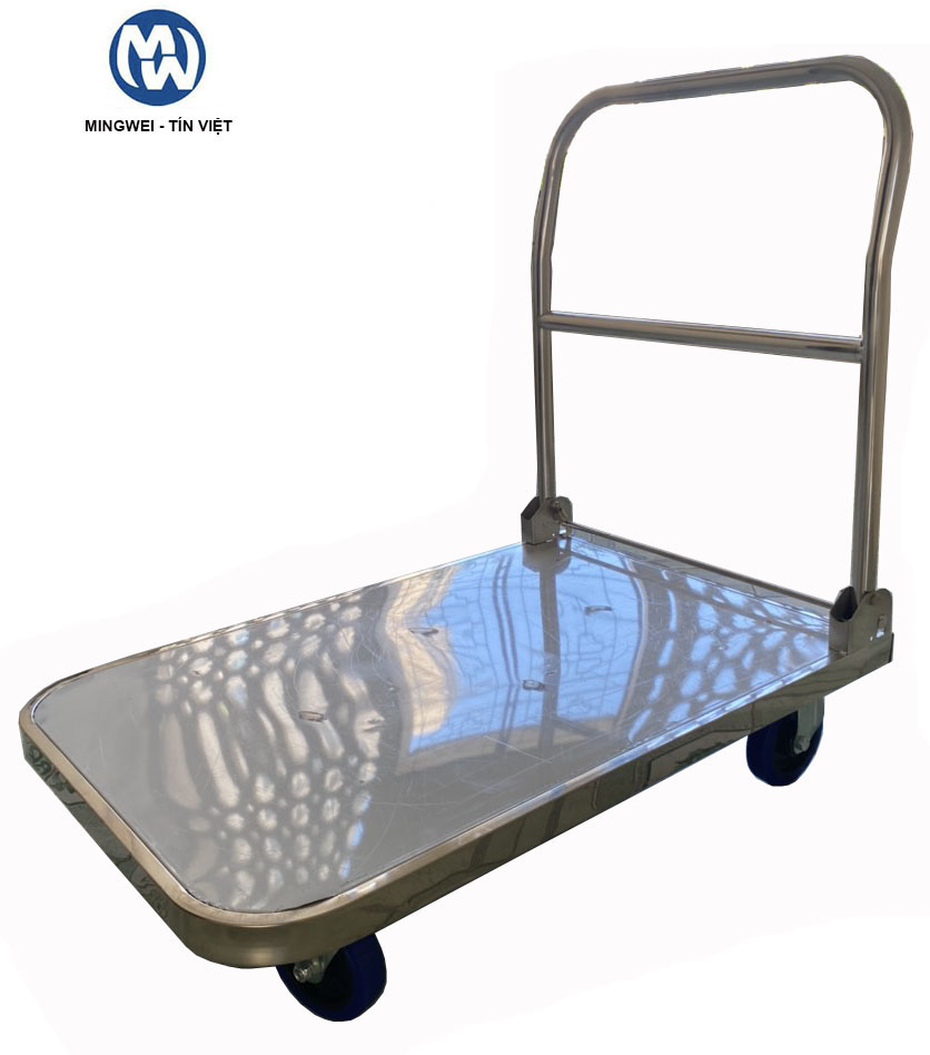 Xe đẩy hàng 4 bánh sàn INOX tải trọng 400kg gấp gọn