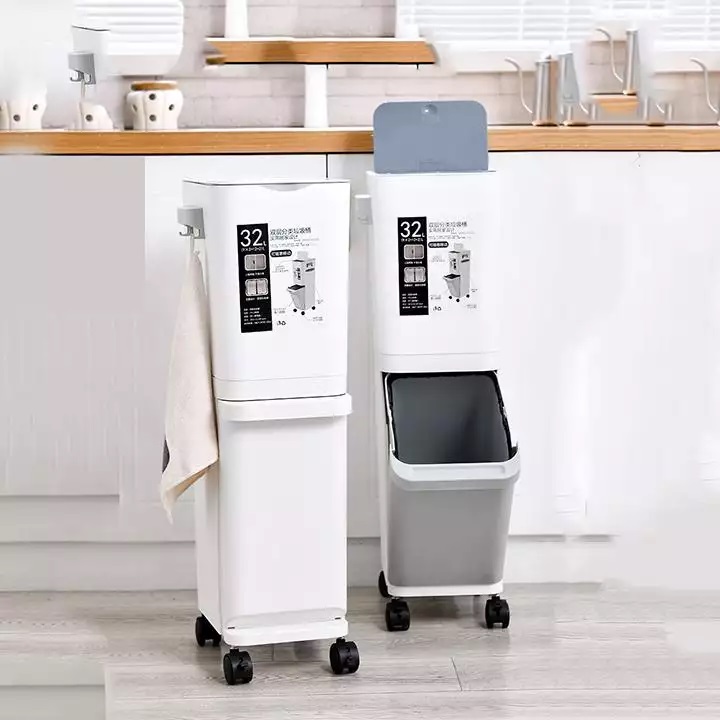 Thùng rác 2 tầng có bánh xe phân loại rác vô cơ và hữu cơ, thùng rác thông minh cho gia đình và văn phòng