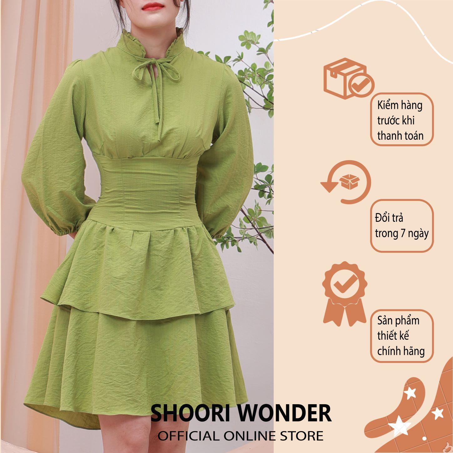 Shoori wonder | alicia dress - váy xòe tay lỡ hai tầng cổ trụ phối bèo thắt dây nơ