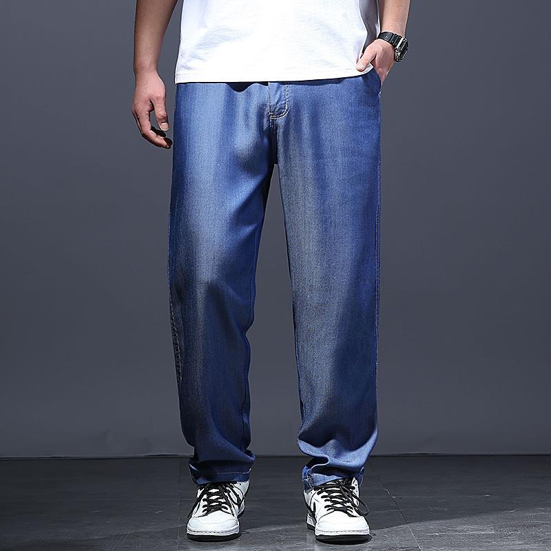 Quần bò kiểu mỏng tencel quần ống rộng chất liệu lụa băng dành cho người béo cỡ lớn cho người trung niên ống đứng rộng rãi cho nam mùa hè siêu mỏng