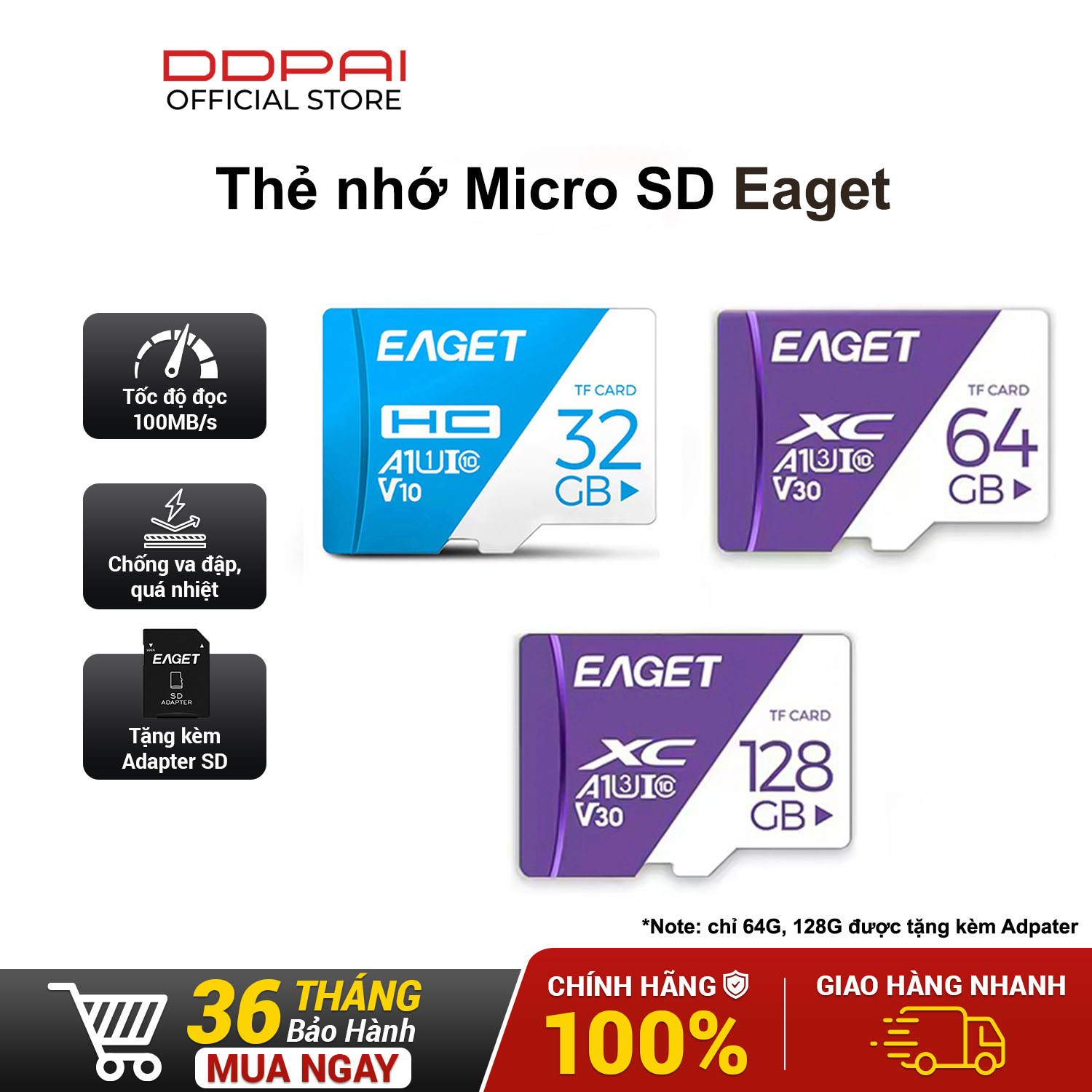 Thẻ nhớ MicroSD Eaget tốc độ cao Class 10 32GB/64GB/128GB Bảo hành CH 36th