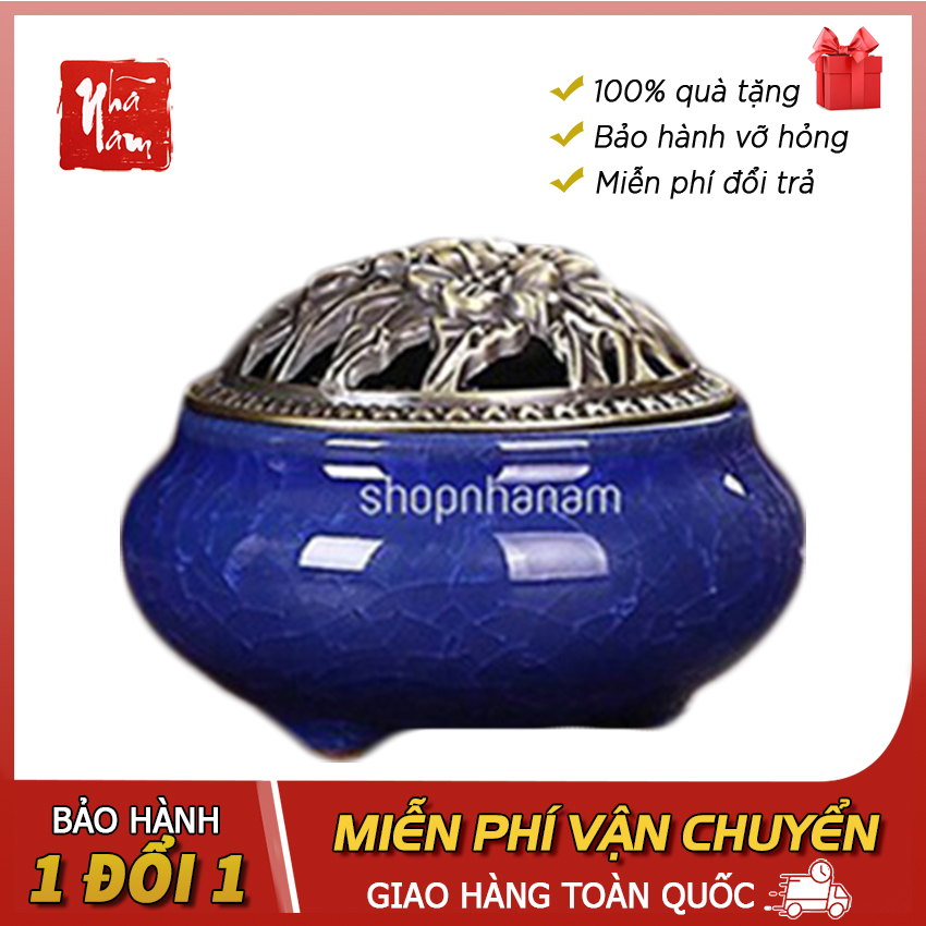 Đỉnh đốt nhang gốm sứ , Lư xông trầm hương (xanh nước biển) - Mệnh mộc, mệnh thủy - Phong Thủy Nhã Nam