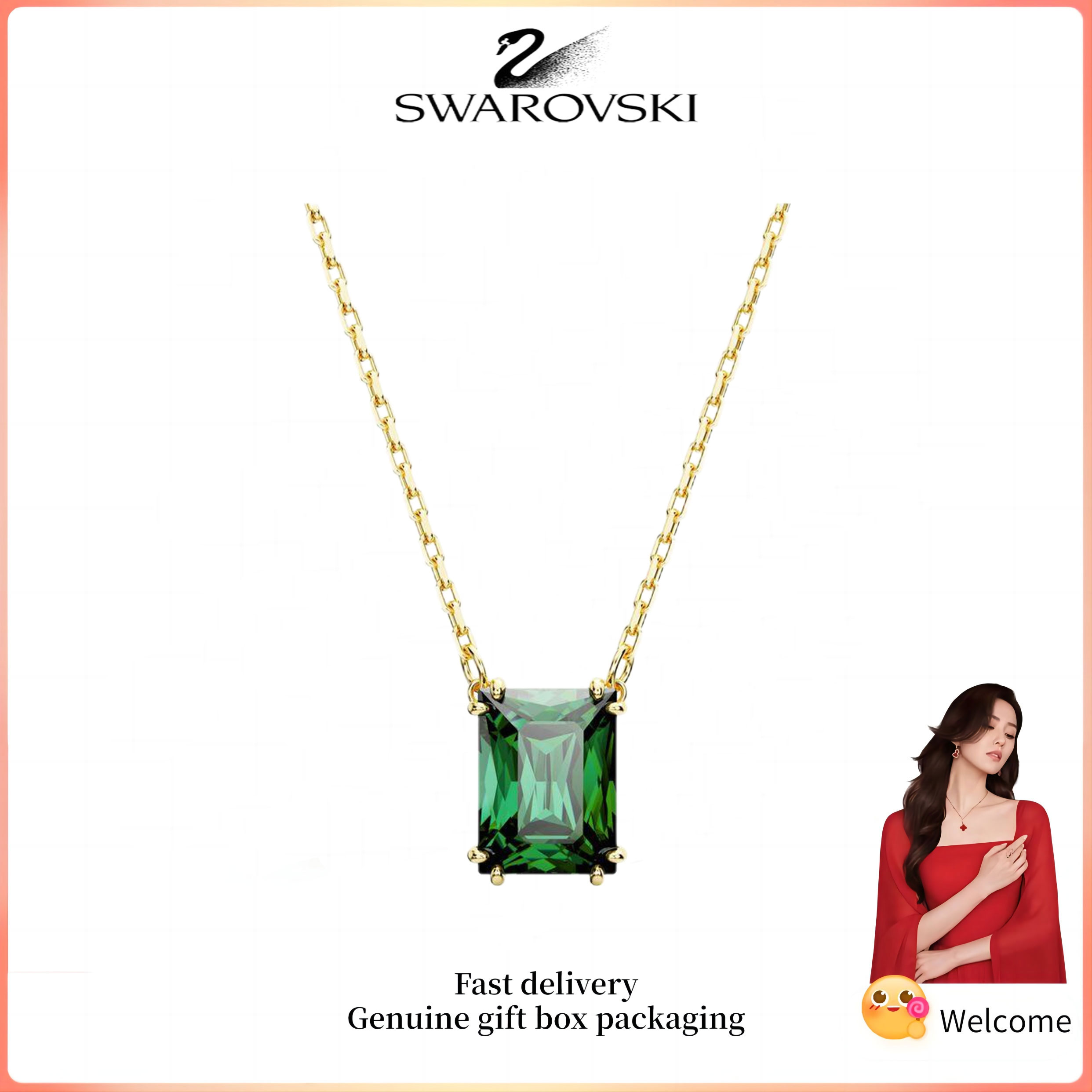 ♈ Swarovski ♈ Dây chuyền thời trang nữ Mạ vàng mặt cắt hình chữ nhật, mặt dây chuyền ma trận đá quý pha lê màu xanh lá cây Quà tặng ngày lễ tình nhân Quà tặng sinh nhật