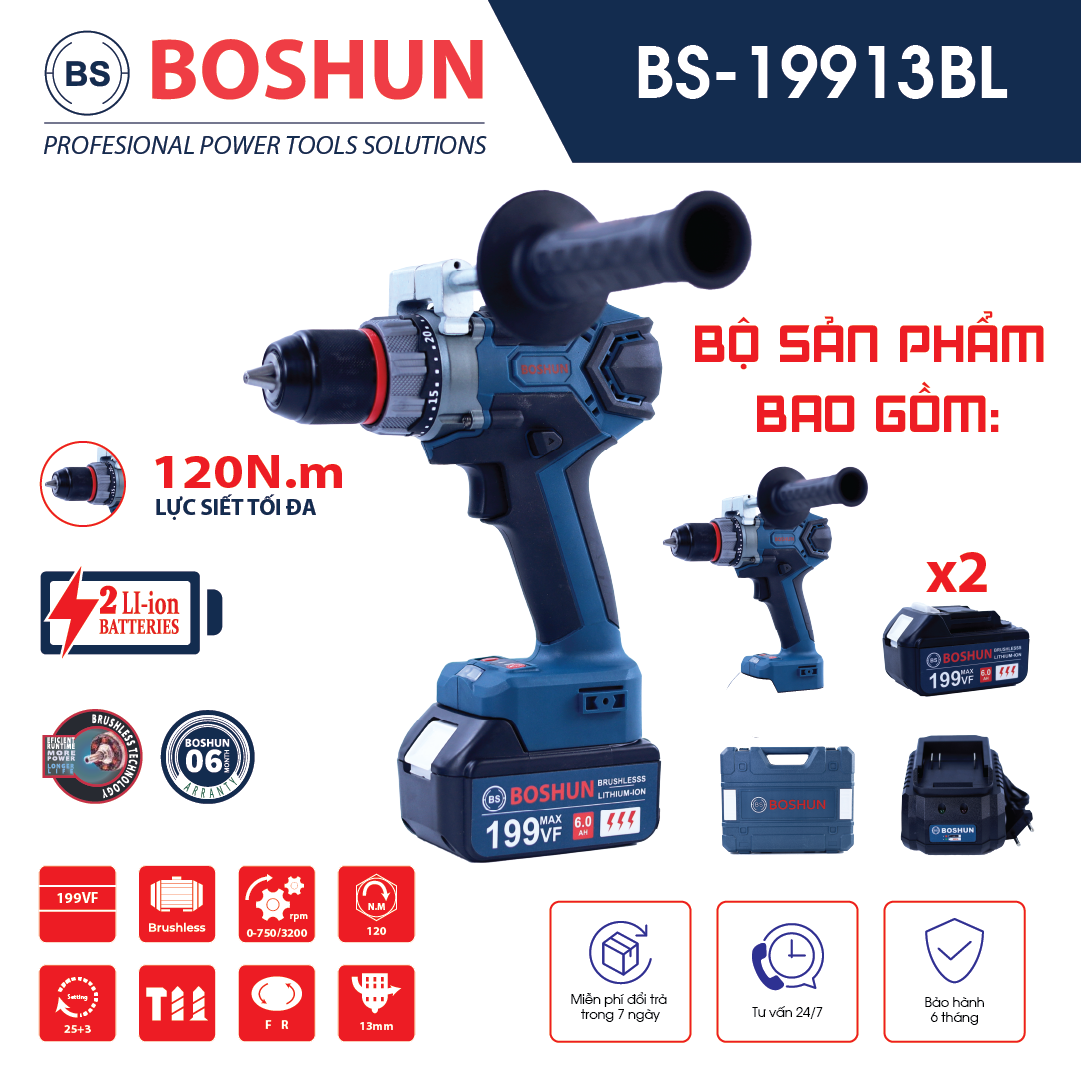 BẢO HÀNH 12 THÁNG Máy Khoan Pin Boshun 13mm BS19913B Máy Bắn Vít Khoan Tường Động Cơ Không Chối Than Có Nút Điều Chỉnh Tốc Độ Đầu Kẹp Auto