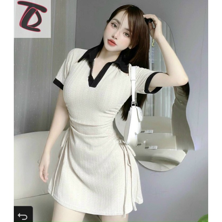 Váy ngắn cổ polo nơ eo chất xương cá co dãn tốt - Dư Tú Lệ