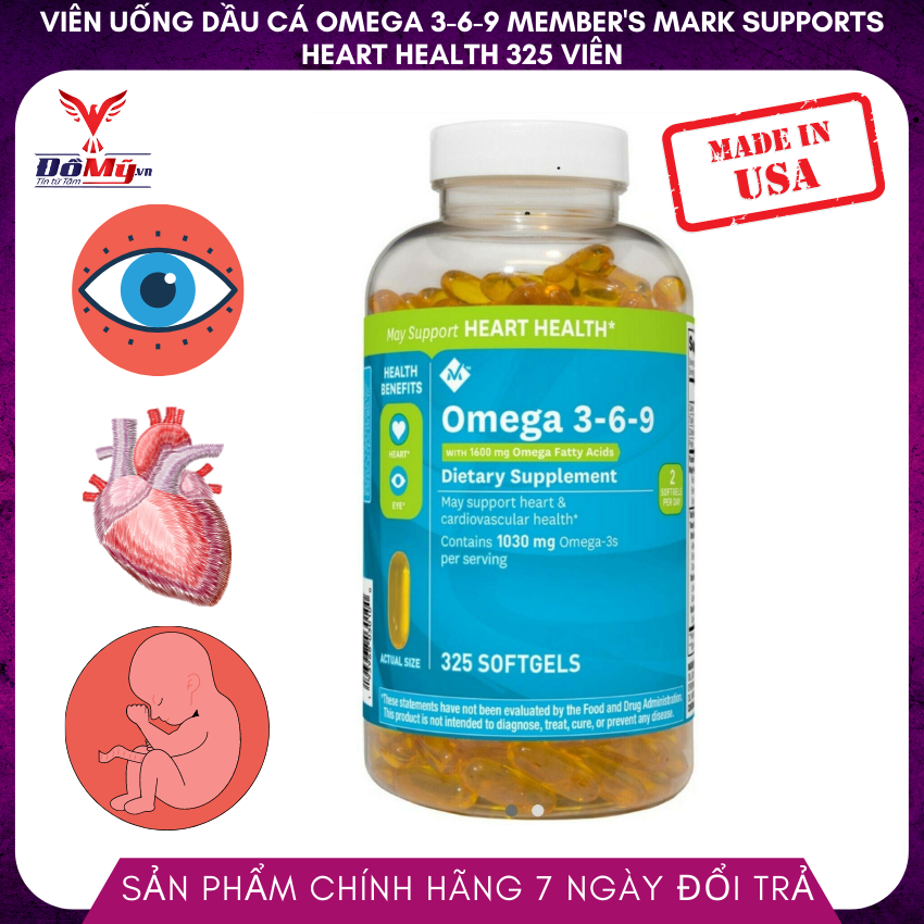 [ Domy.Vn ] Viên uống dầu cá Omega 3-6-9 Member's Mark Suppots Heart Health 325 viên của Mỹ - Giảm nguy cơ bệnh tim mạch. Cải thiện trí nhớ. Tốt cho phụ nữ mang thai và trẻ nhỏ, giúp cải thiện trí thông minh của trẻ - Đồ Mỹ
