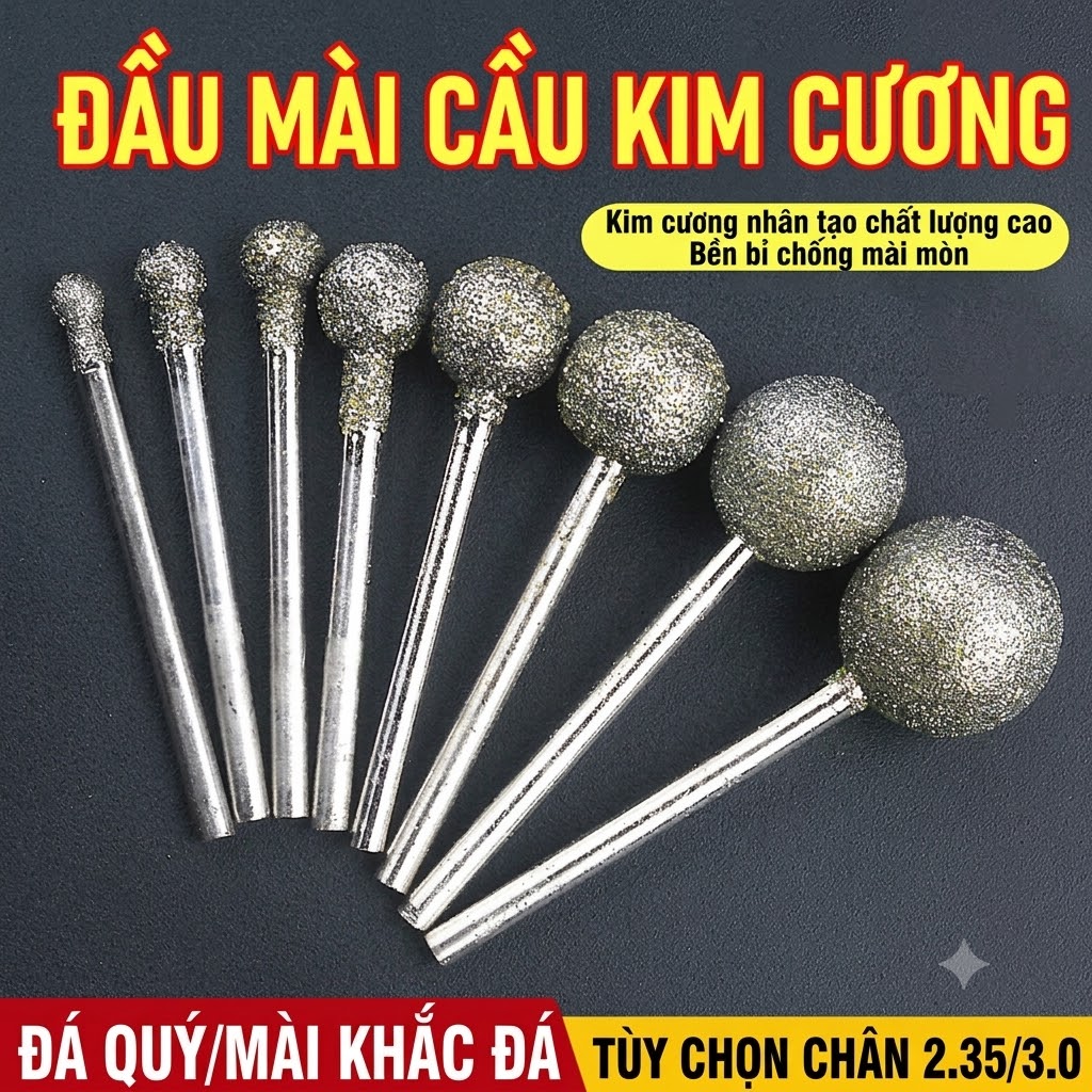 Mũi Mài Tròn Kim Cương Siêu Bén – Đầu Khắc Đá Quý, Gốm Sứ, Mài Khuôn, Khắc Gỗ Cầm Tay (Chọn Size Bán Lẻ)