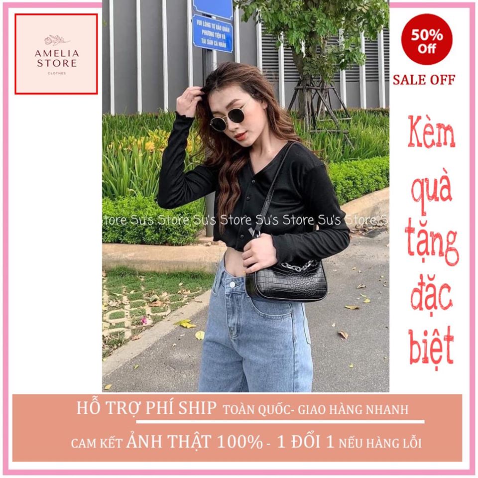 ( ẢNH THẬT) ÁO CROPTOP NỮ CỔ V KHUY CÀI DÀI TAY THỜI TRANG HÀN QUỐC, AMELIA, ÁO THUN NỮ, ÁO KIỂU NỮ ĐẸP, ÁO PHÔNG NỮ