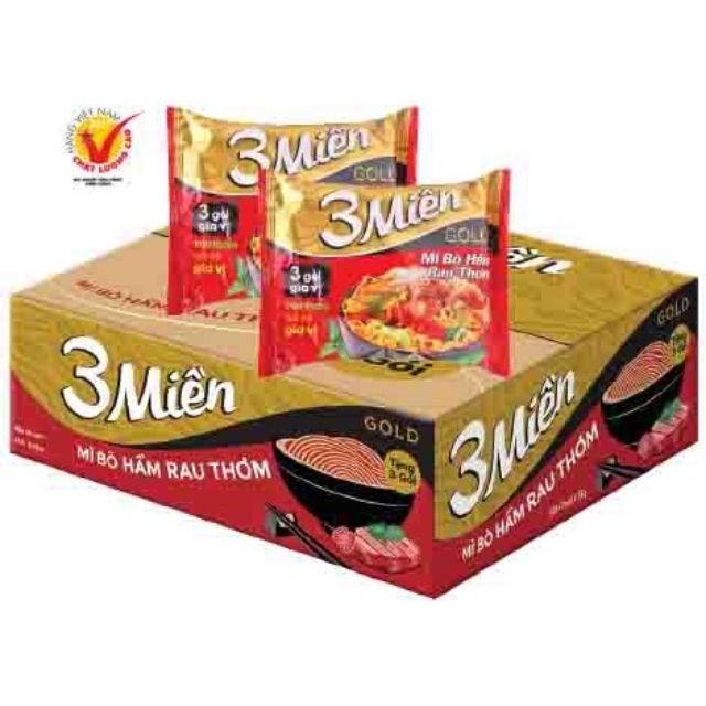 Thùng 30 gói mì 3 miền gold bò hầm rau thơm 75g