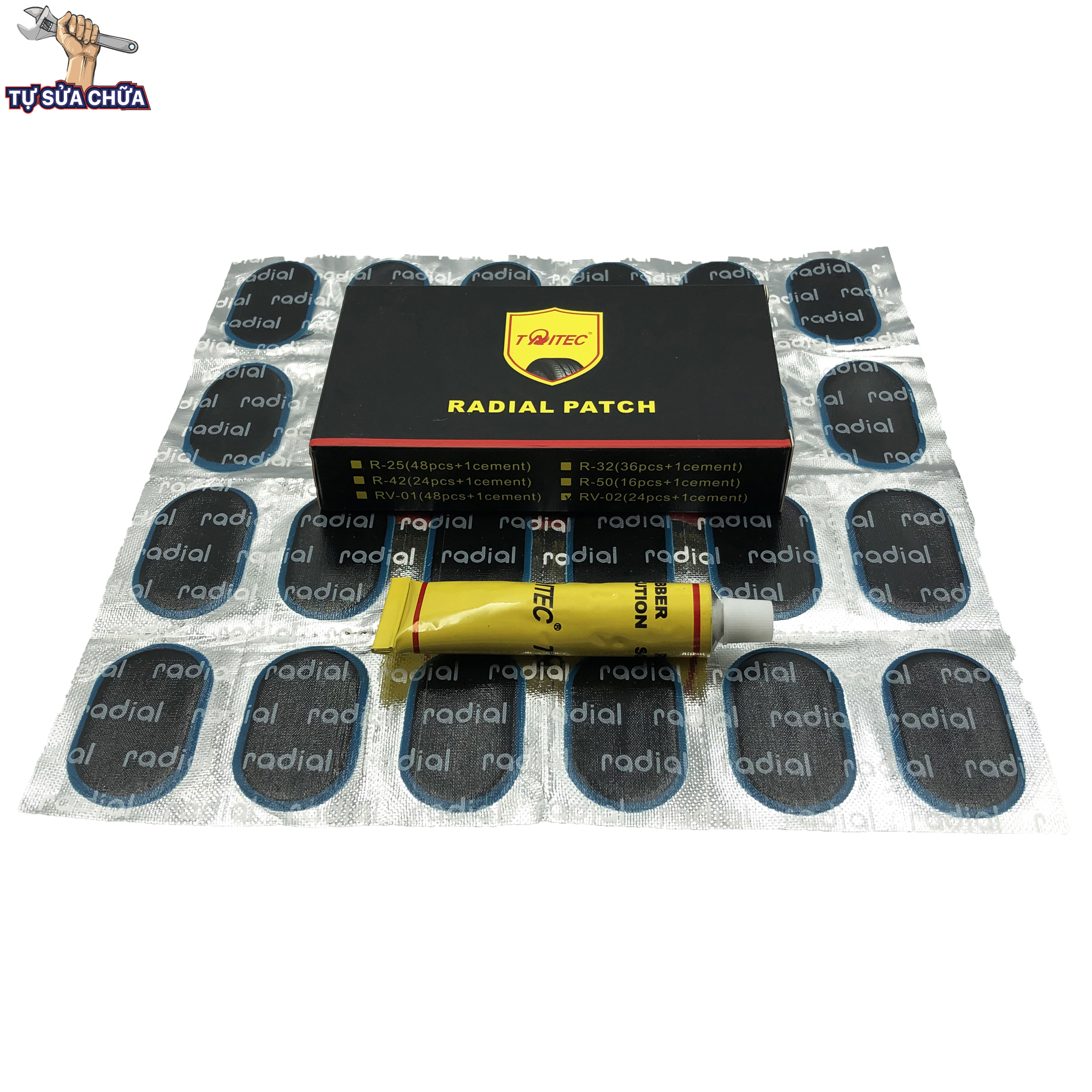 Miếng vá lốp radial hình oval Taitec kích thước 35x52mm RV-02 (hộp 24 miếng vá + tuýp keo)