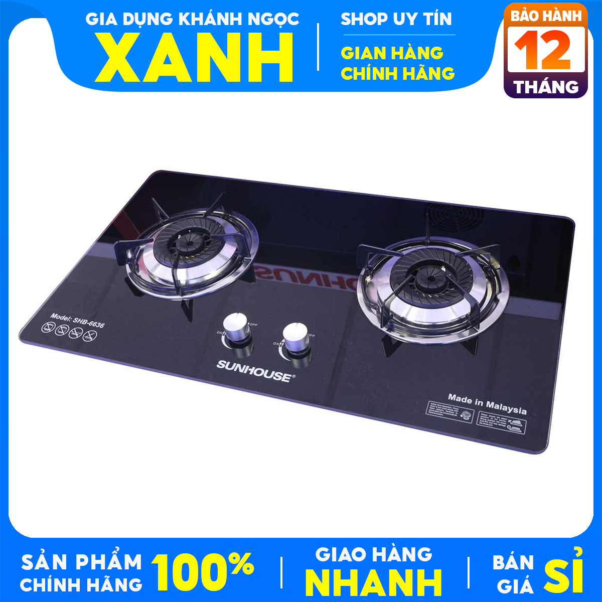 Bếp gas âm Sunhouse SHB-6636 Chính Hãng trưng bày 99% Đánh lửa IC nhanh, nhẹ Đầu hâm, Ngắt gas tự động, Bảo Hành 12 Tháng