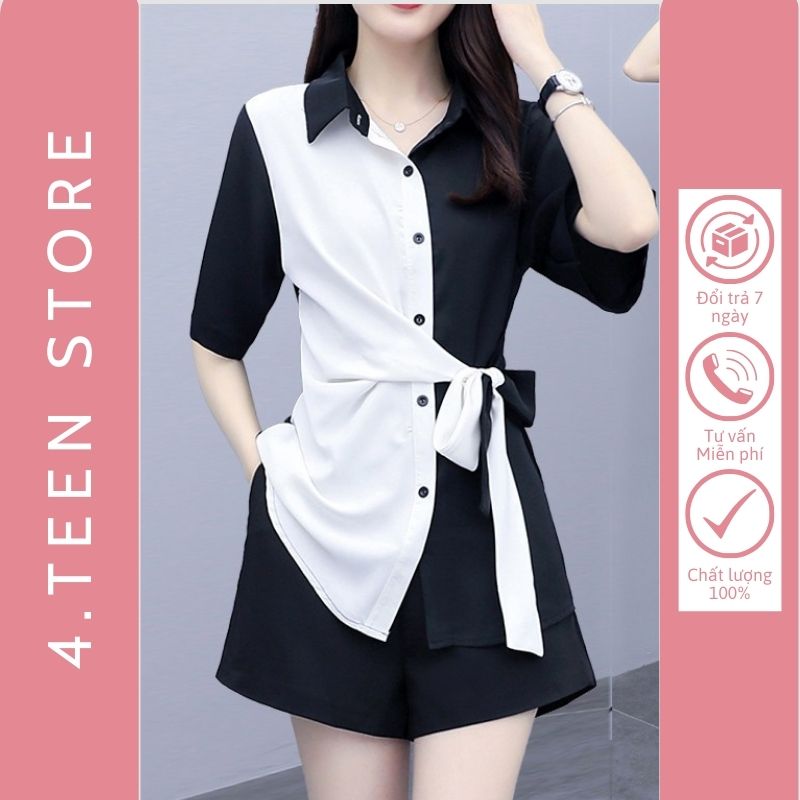 Bộ jumpsuit nữ hàn quốc áo phối màu quần đùi set áo sơ mi cộc tay kèm quần sooc ngắn chất đũi 4teenstore j001