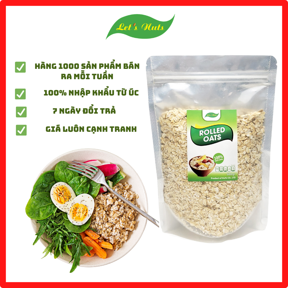 Yến mạch Úc tươi rolled/instant oats cán dẹt/vỡ Lets Nuts túi 500g giúp giảm cân tăng cơ giảm mỡ ngăn ngừa nhiều loại bệnh tốt cho da susuto shop