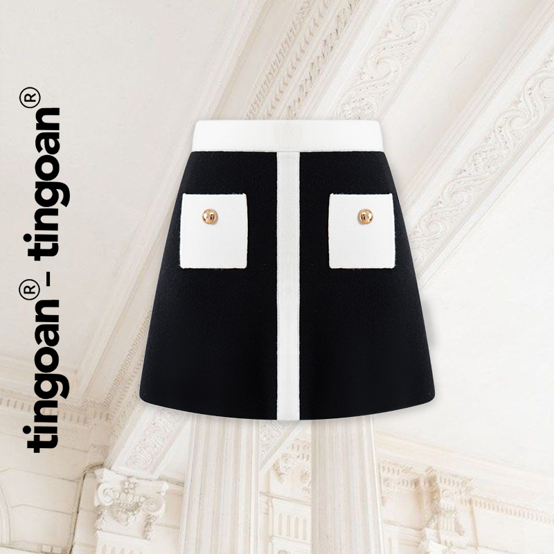 Tingoan® - chân váy set cạp chun len ngắn tay cổ bẻ đính dọc cúc túi 2 bên đen viền trắng choi y skirt/bl