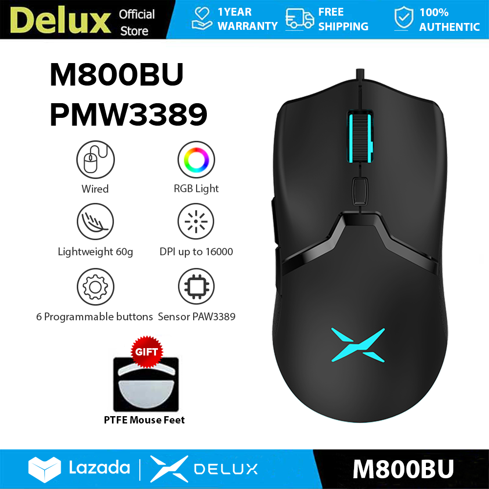 Delux M800BU PMW3389 Chuột Chơi Game Có Dây DPI MAX 16000 6 Nút Lập Trình Có Đèn RGB 60G Nhẹ Cho PC/Laptop/Windows/Mac