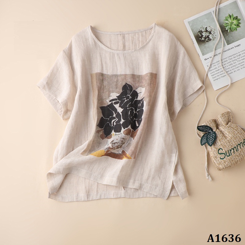 A1636-áo linen ngắn tay cổ tròn in hoa nghệ thuật
