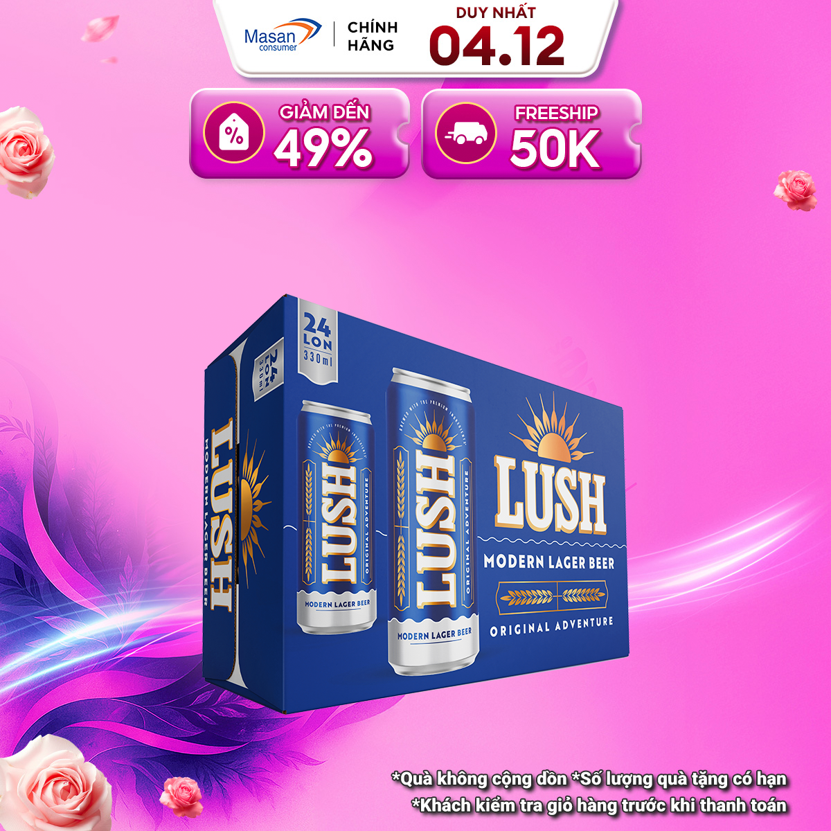   Voucher 169K  Bia Lush Cao Cấp - Bia Êm Dễ Uống - Thùng 24 Lon 330ML  Nồng độ cồn 4,5%  