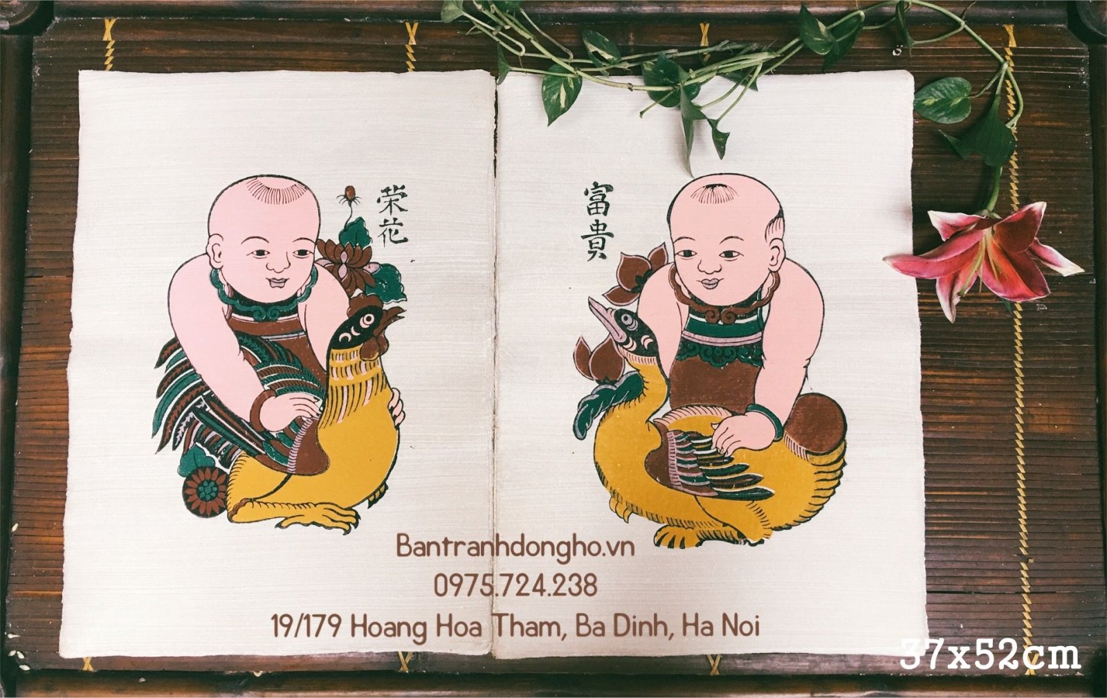 Cặp tranh đông hồ vinh hoa phú quý - em bé ôm gà - em bé ôm vịt