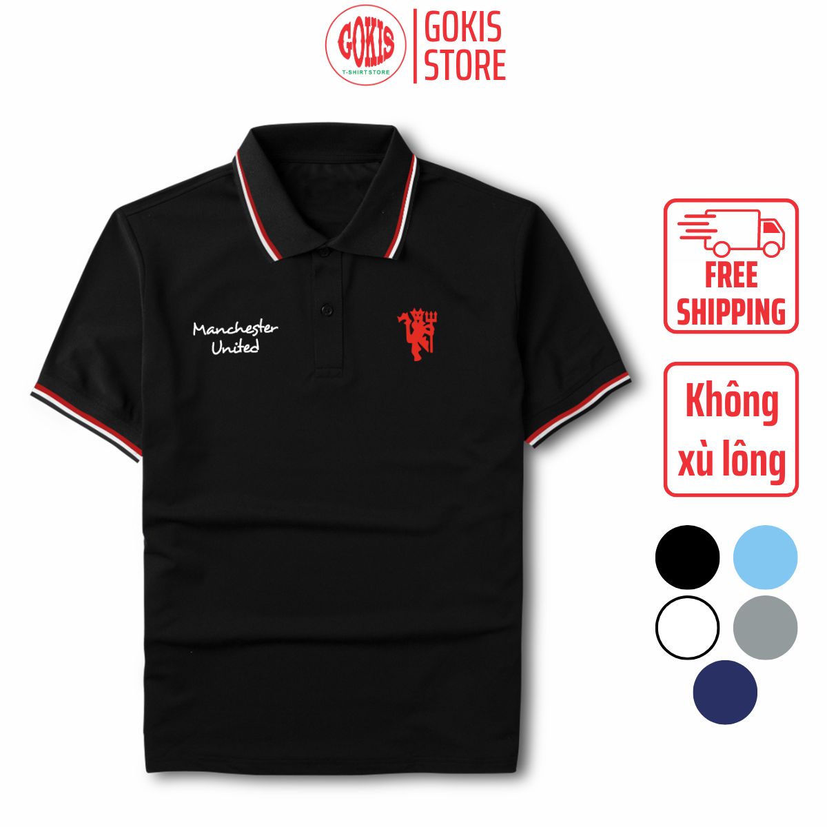 Áo polo Manchester United in logo quỷ đỏ vải poly cá sấu thoáng mát - Áo thun có cổ logo MU, áo di chuyển Gokis shop