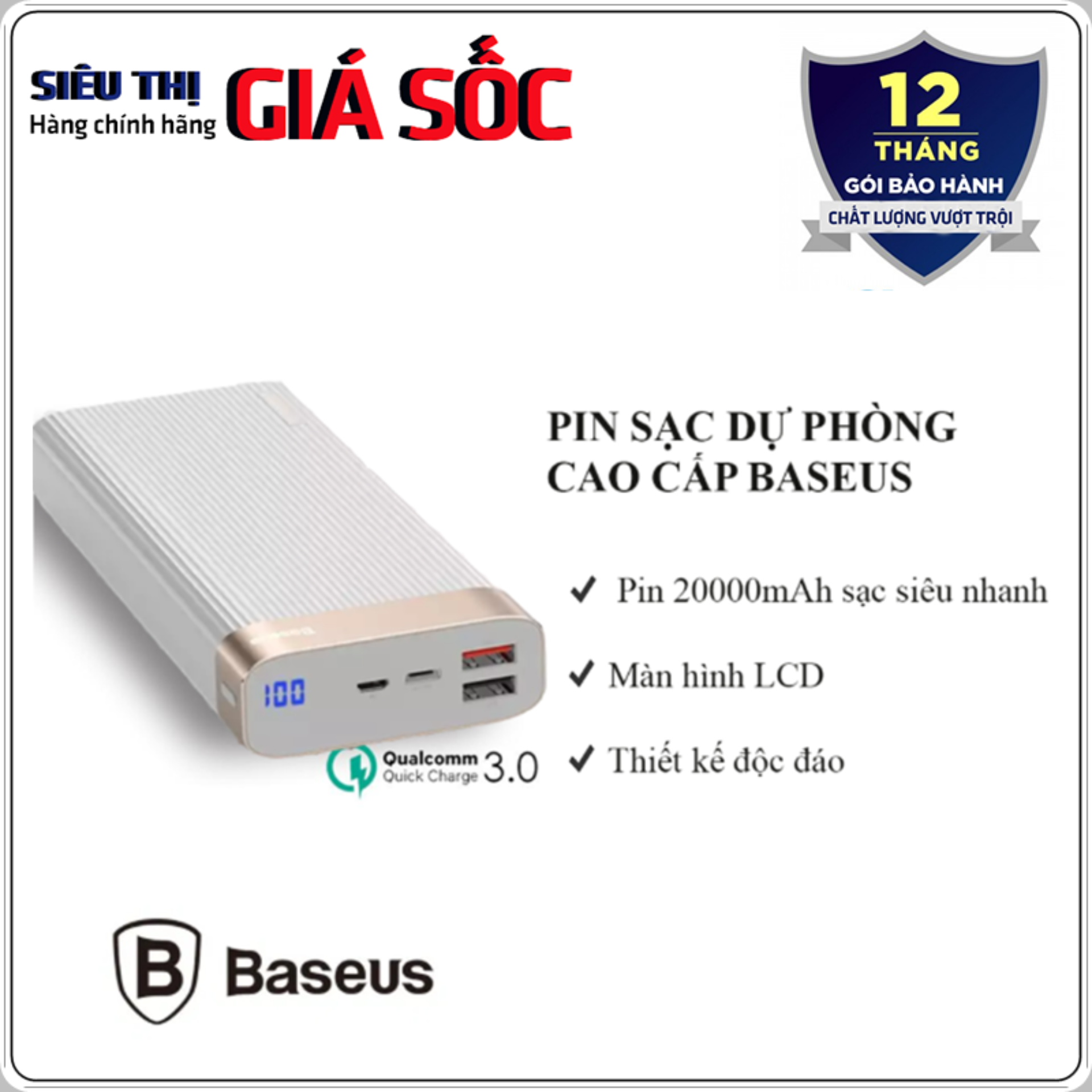 Pin dự phòng thương hiệu Baseus (BS-20K) cao cấp dung lượng 20000mAh công nghệ sạc nhanh Qualcomm QC 3.0 thiết kế đẹp độc đáo có màn hình LCD báo dung lượng Pin