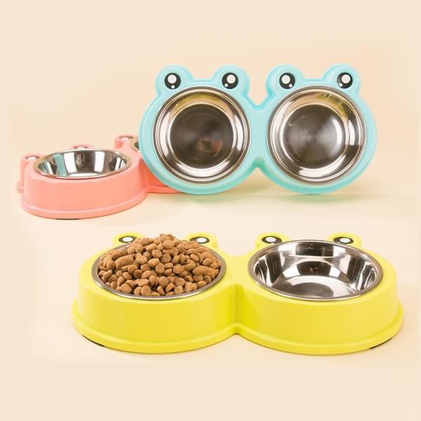 Bát ăn 2 ngăn hình ếch lòng inox cho chó mèo thú cưng (màu ngẫu nhiên) Size 15