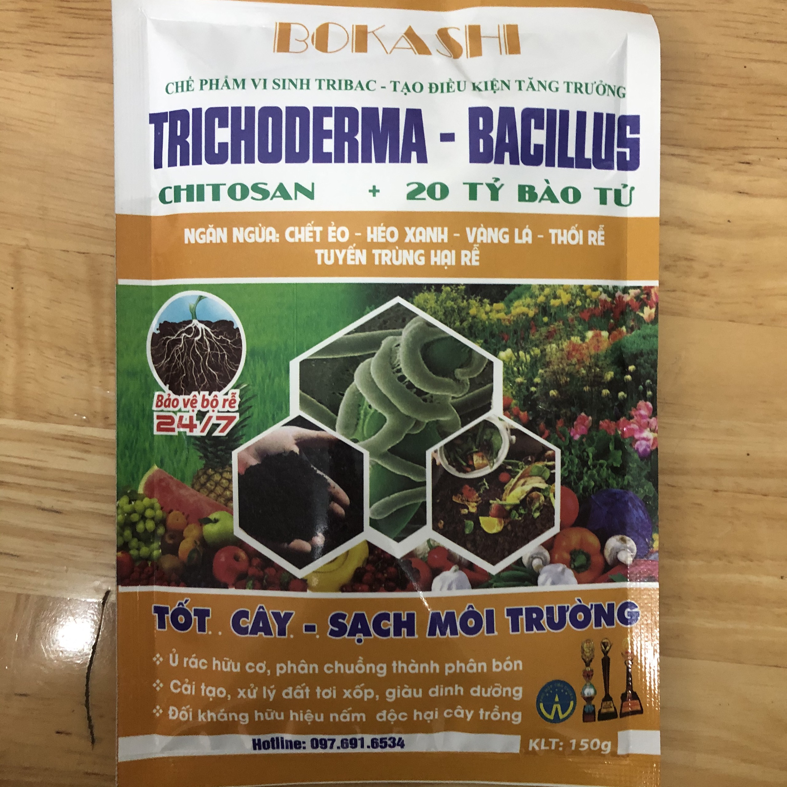 Trichoderma Bacillus 150g, ủ phân chuồng, cải tạo đất, đối kháng nấm bệnh, ngăn ngừa vàng lá thối rễ, tuyến trùng hại rễ, giúp cây xanh tốt