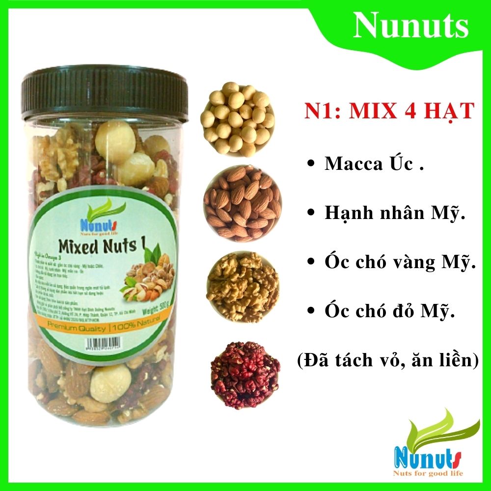 NN1: 500g Mix 4 hạt dinh dưỡng đã tách vỏ, ăn liền ( hạt macca tách vỏ úc, hạt hạnh nhân tách vỏ, 2 loại hạt óc chó tách vỏmỹ) ăn vặt bà bầu rất tốt.