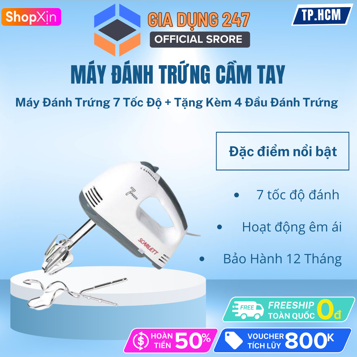 Máy đánh trứng cầm tay 7 tốc độ, công suất 180W tiện dụng, siêu bền cần thiết cho nhà bếp