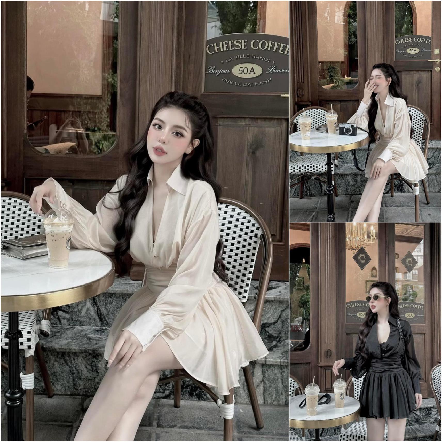Đầm dáng xòe xếp ly cổ V tay bồng B62