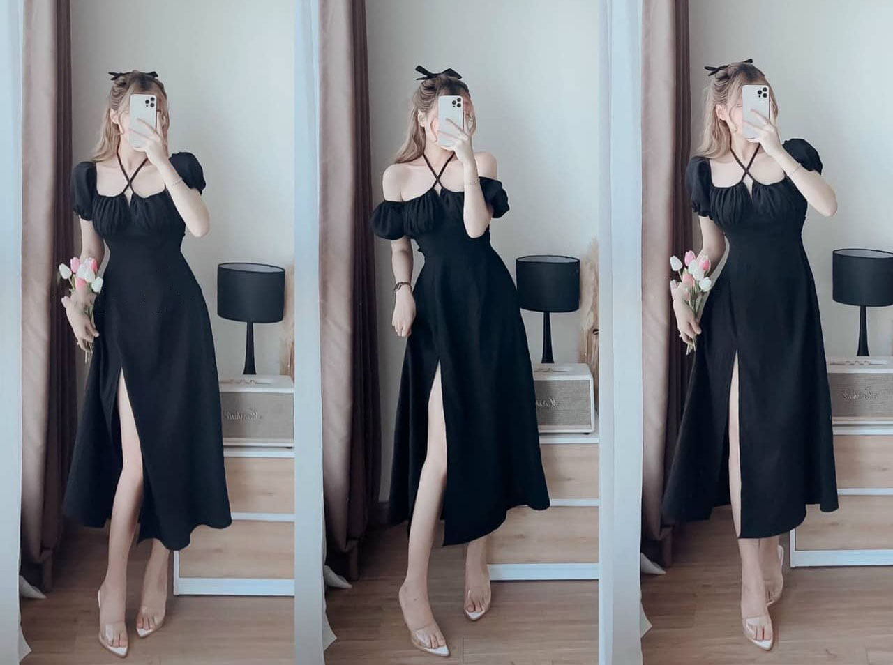 Đầm nữ kiểu dáng cổ chéo dự tiệc sang trọng chất liệu vải đũi tiểu thư thời trang HARI